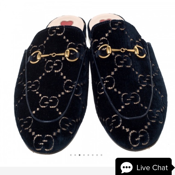 Gucci Princeton Mules Navy Velvet w Gold Horse Bit Buckle & Gucci Gold Logos 7.5 - Picture 1 of 16
